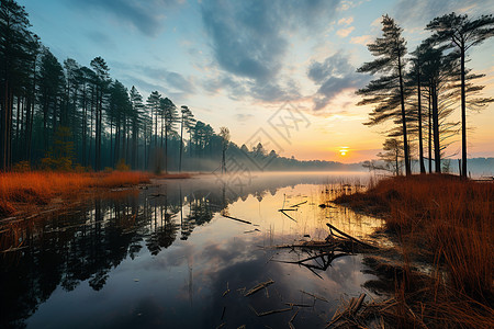 湿地公园湖光山色晚霞背景