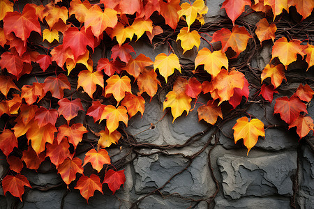秋日墙上的落叶图片