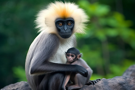 岩石上的母猴与猴宝宝背景图片