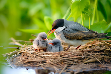 花和小鸟给小鸟喂食的鸟妈妈背景