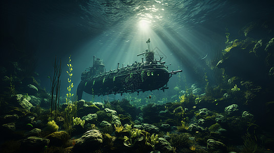 一艘潜艇在海洋中漂浮图片