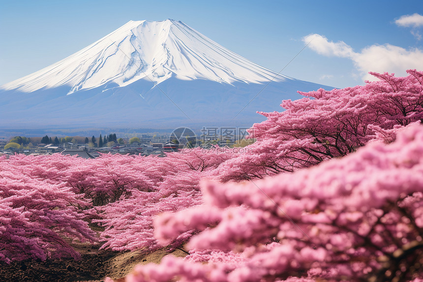 蓝天下的富士山和樱花图片