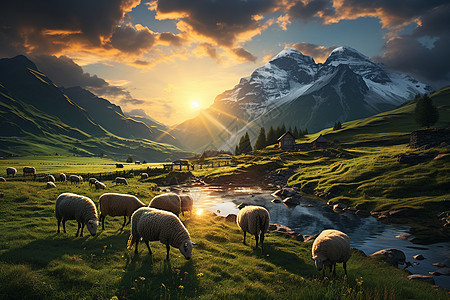 小溪旁吃草的羊群图片