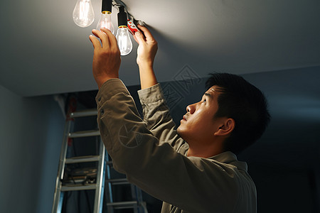 屋内男子修理照明设备图片