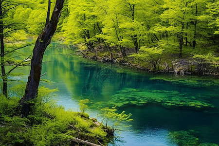 清澈溪水深林碧水背景