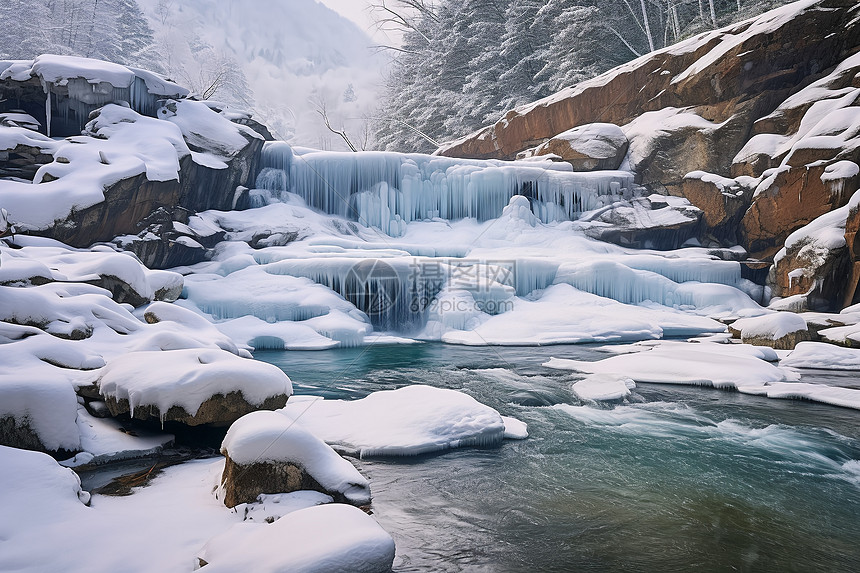 山林之中的冰雪瀑布图片