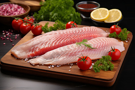 桌子上的美食鱼肉高清图片