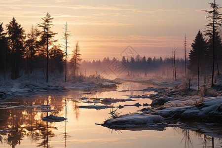 冬季的森林河面背景图片