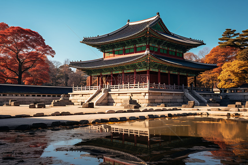 建筑亭子倒影池水中图片