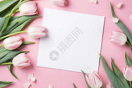 粉色郁金香与一张白纸图片