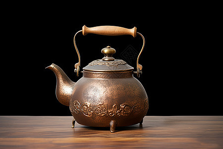 放在桌子上的木柄铜茶壶图片
