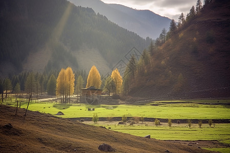 秋日的山上小屋图片