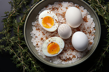 放着米饭的鸡蛋和香料图片