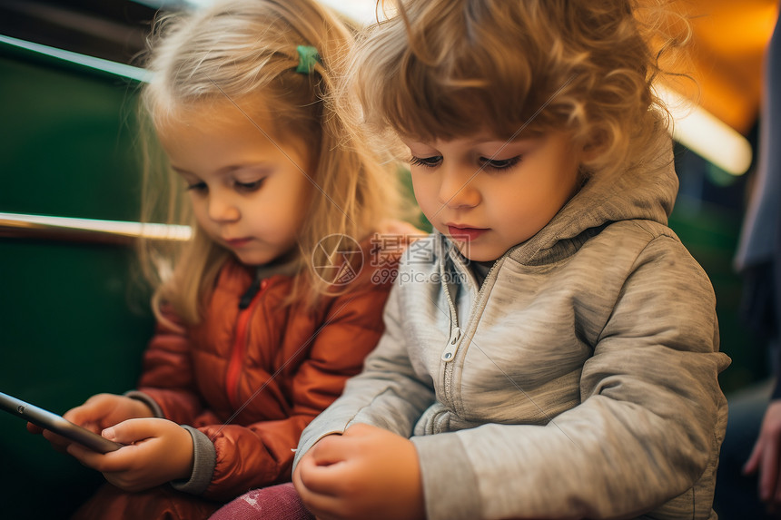 两个小女孩坐在火车上一起看手机图片