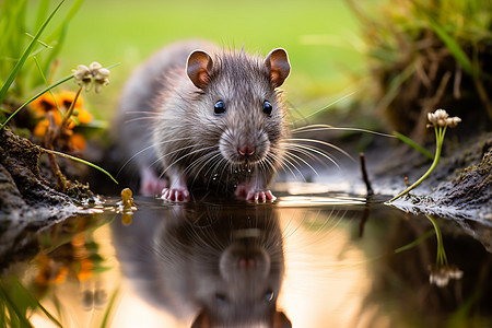 在田地里水中的小老鼠图片