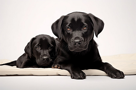 两只黑色小狗躺在白色毯子上背图片
