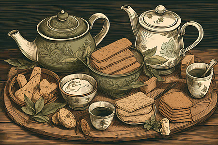 一副茶具茶和饼干的手绘画图片