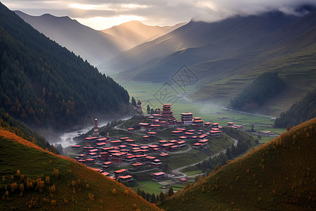 四川村落山水之间的宁静村落背景