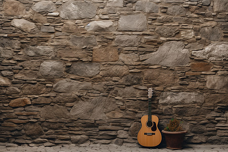 石墙边的吉他与图片