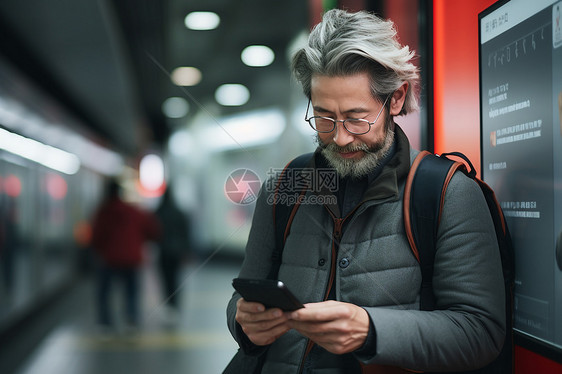 地铁站里留着胡须戴着眼镜的中年男子图片