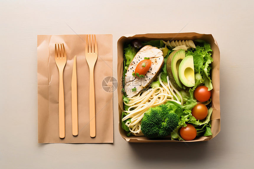 健康午餐盒中的美食与餐具图片