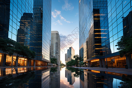 都市中心的玻璃建筑在水中倒影图片