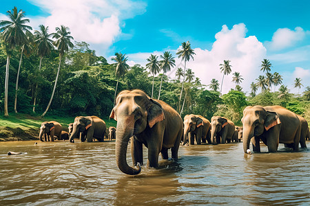 阳光下大象群穿过一条河流图片