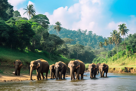 大象行走于森林覆盖的山坡图片