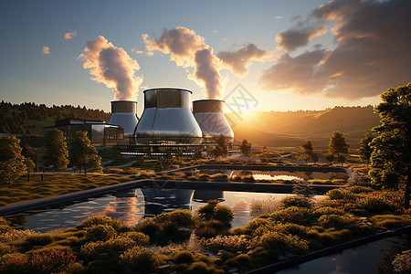 日落时的地热电厂图片