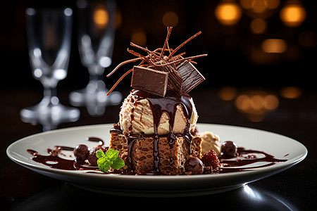 盘子上的巧克力甜品图片