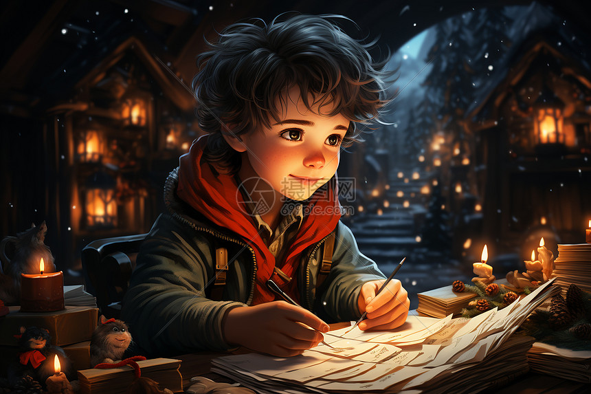 蜡烛旁写信的小孩图片