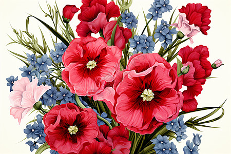 蓝花和大红花相映衬图片