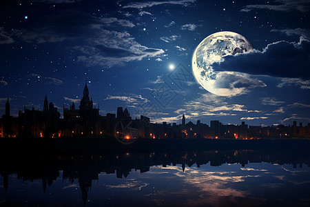 月夜寂静的湖畔城市图片