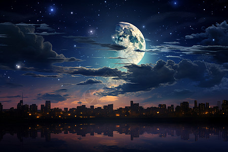 夜晚城市上空美丽的月亮图片