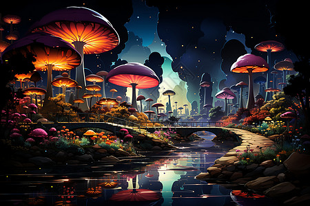 发光蘑菇夜幕下梦幻的蘑菇林插画