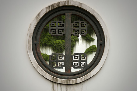 中式窗窗外花园的中国风景窗背景