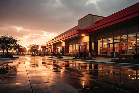 购物中心外景日落时分的超市外景背景