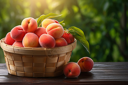 桌面上成熟收获的桃子图片
