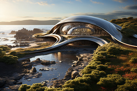 海边透明的未来感弧形建筑图片