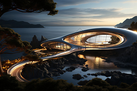 海边科技感的弧形建筑背景图片