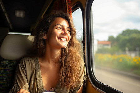 公交车窗边开心的女孩图片