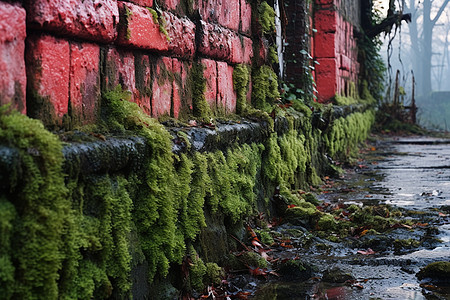 乡村雨后红墙外生长的苔藓图片