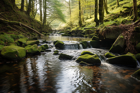 夏季森林中涓涓流淌的小溪流图片