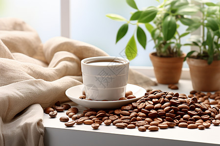 清晨的醇香一杯咖啡和一些咖啡豆高清图片