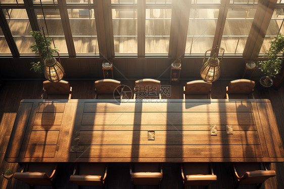 阳光照耀下的木质桌椅图片