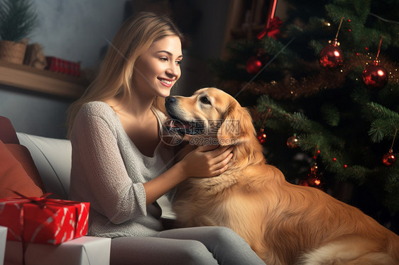 女子与金毛犬座在圣诞树下图片