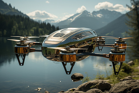 山间湖泊上飞行的无人机图片