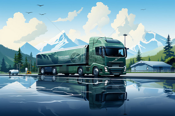 湖畔停靠的大型卡车图片