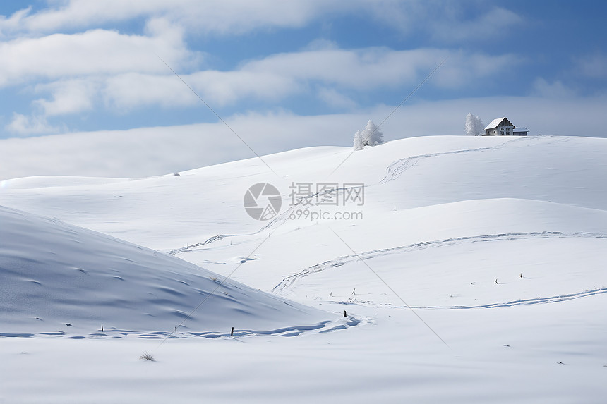 冬日白雪覆盖的雪山别墅图片