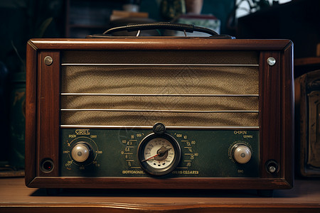 木桌上的古董收音机图片